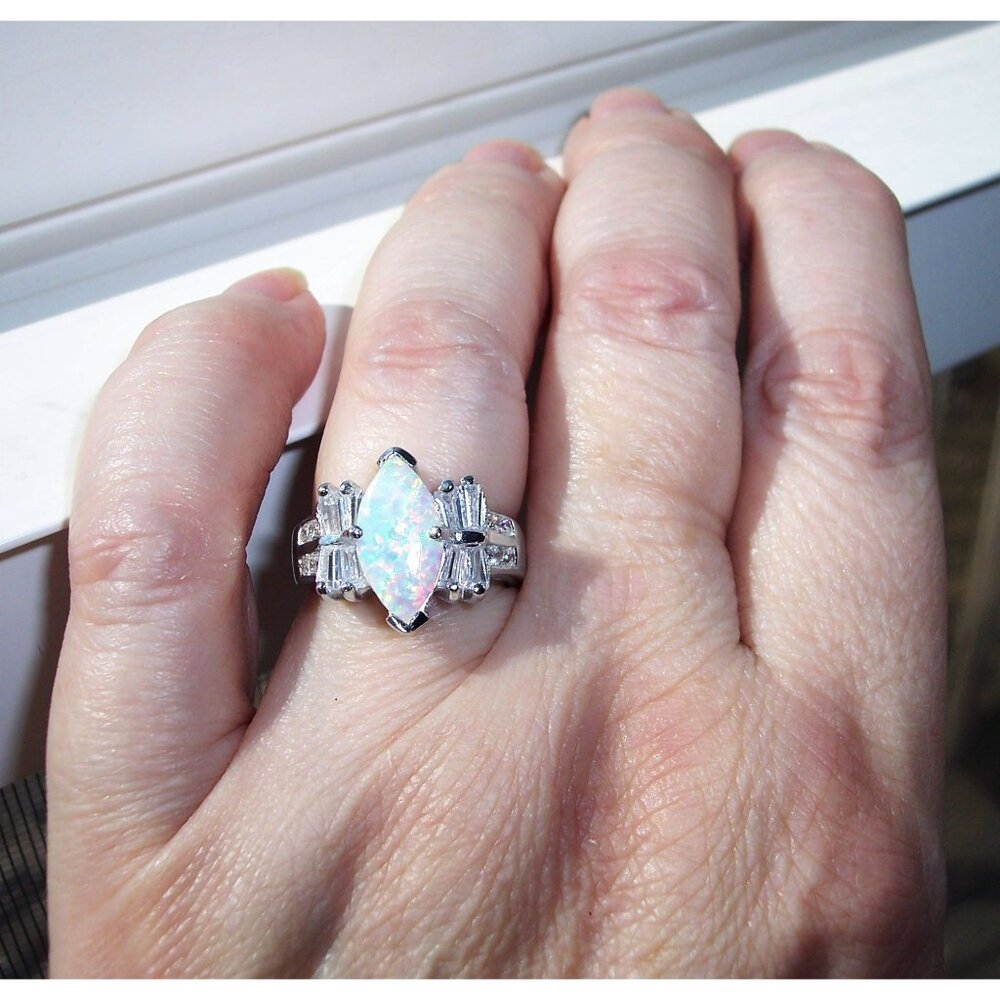 925 STERLING SILVER Marquise Lab Created White Fire Opal & CZ Ring - Picture 7 of 15